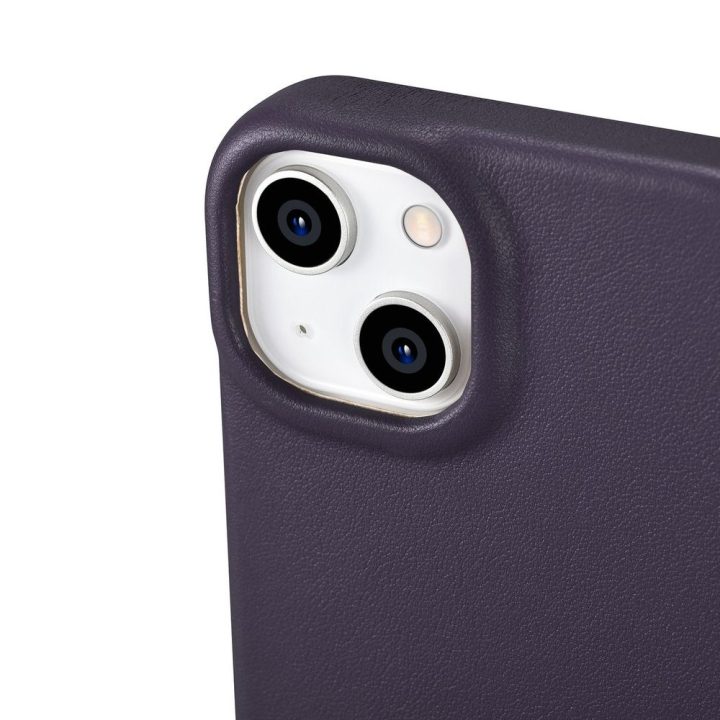 iCarer CE Premium odinis dėklas iPhone 14 Plus su magnetiniu atlenkiamuoju odiniu dėklu Folio , MagSafe , tamsiai violetinės spa