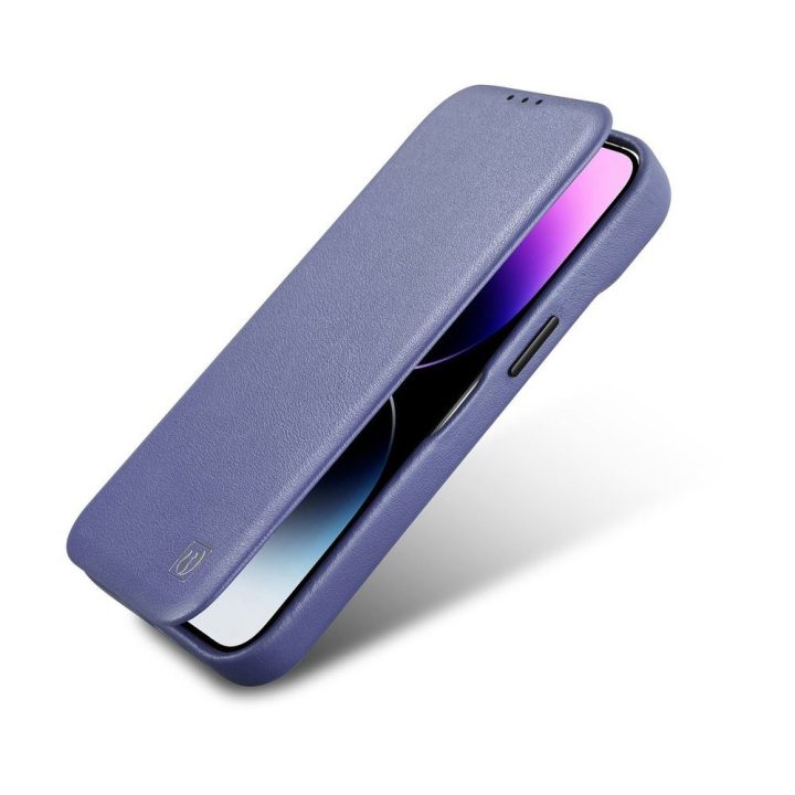 iCarer CE Premium odinis iPhone 14 Plus dėklas su magnetiniu atlenkiamu odiniu Folio dėklu MagSafe Light Purple (WMI14220715-LP)