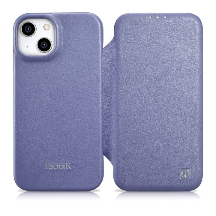 iCarer CE Premium odinis iPhone 14 Plus dėklas su magnetiniu atlenkiamu odiniu Folio dėklu MagSafe Light Purple (WMI14220715-LP)