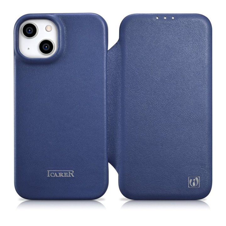 iCarer CE Premium Leather Folio dėklas iPhone 14 Plus , magnetinis atlenkiamas odinis dėklas MagSafe , mėlynas (WMI14220715-BU)