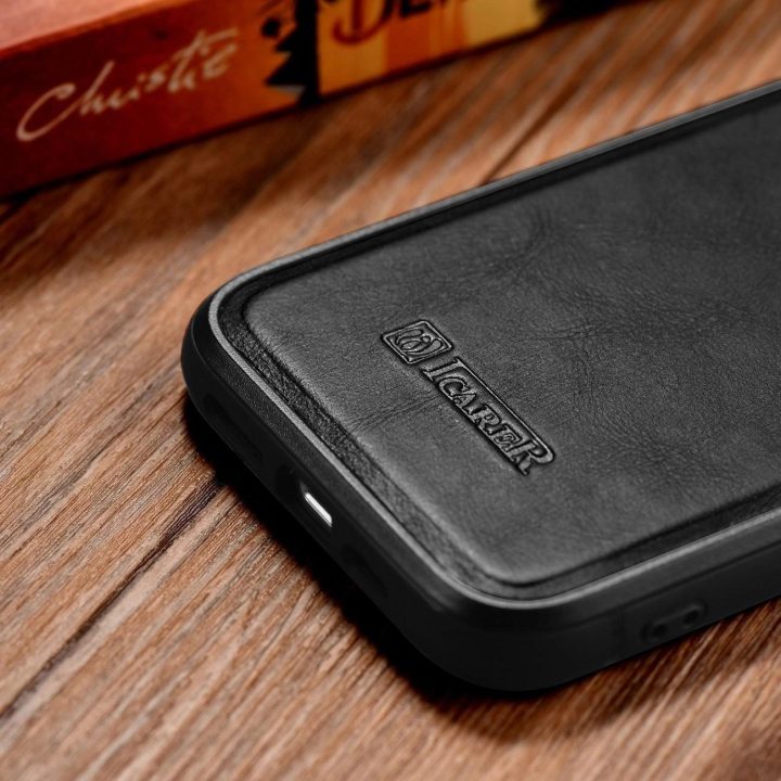 iCarer Leather Oil Wax dėklas iš natūralios odos, skirtas iPhone 14 Plus , juodas (WMI14220719-BK)