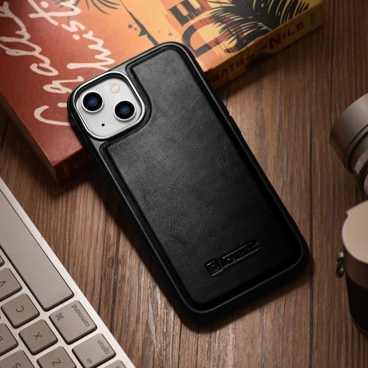 iCarer Leather Oil Wax dėklas iš natūralios odos, skirtas iPhone 14 Plus , juodas (WMI14220719-BK)