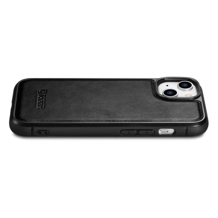 iCarer Leather Oil Wax dėklas iš natūralios odos, skirtas iPhone 14 Plus , juodas (WMI14220719-BK)