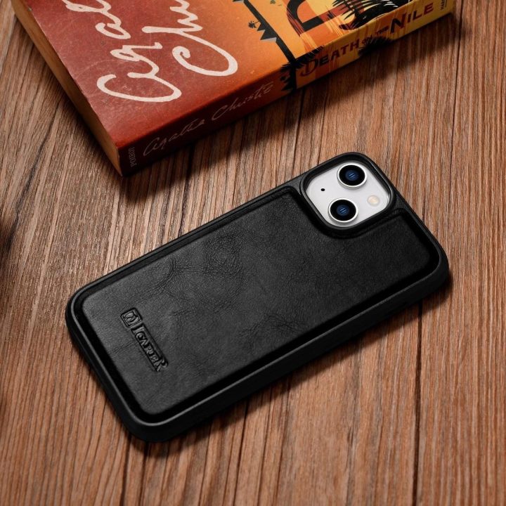 iCarer Leather Oil Wax dėklas iš natūralios odos, skirtas iPhone 14 Plus , juodas (WMI14220719-BK)