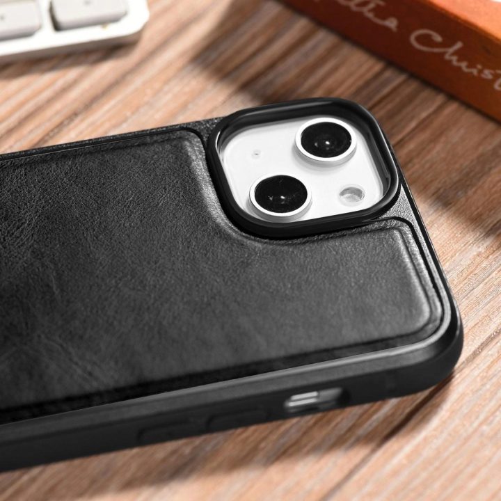 iCarer Leather Oil Wax dėklas iš natūralios odos, skirtas iPhone 14 Plus , juodas (WMI14220719-BK)