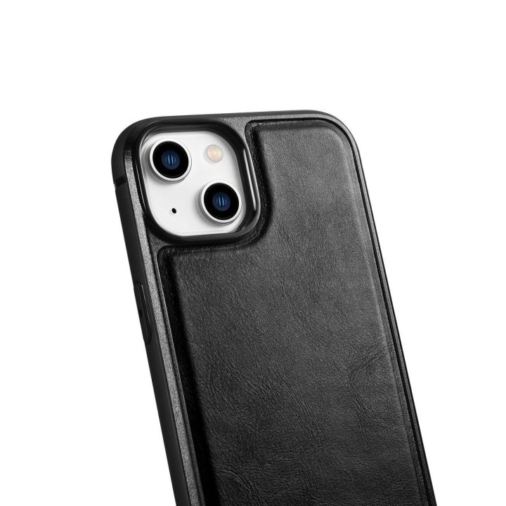 iCarer Leather Oil Wax dėklas iš natūralios odos, skirtas iPhone 14 Plus , juodas (WMI14220719-BK)