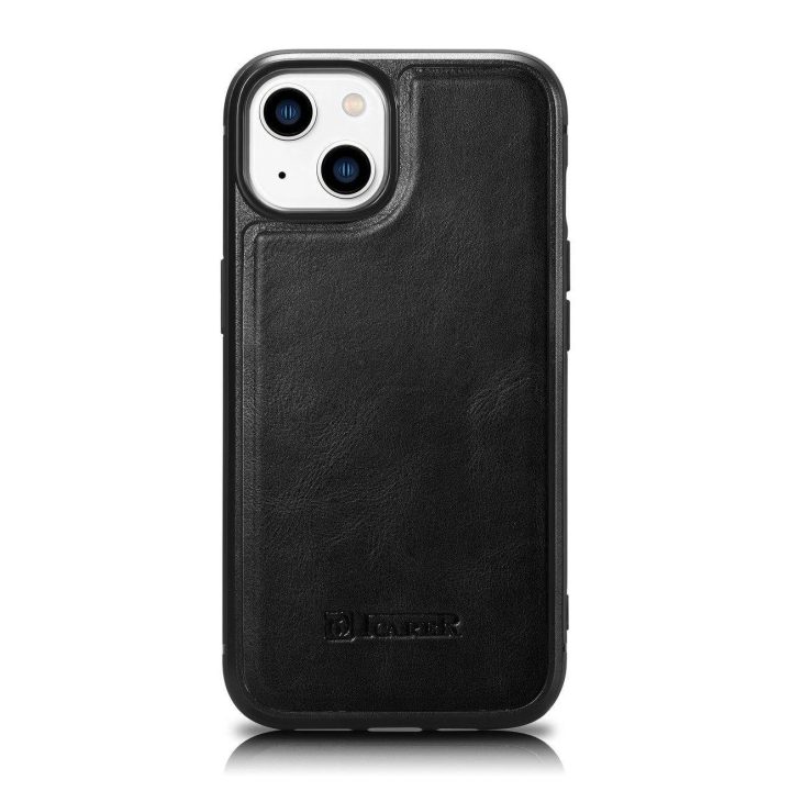 iCarer Leather Oil Wax dėklas iš natūralios odos, skirtas iPhone 14 Plus , juodas (WMI14220719-BK)