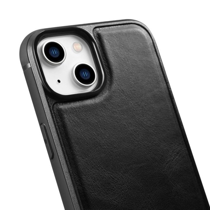 iCarer Leather Oil Wax dėklas iš natūralios odos, skirtas iPhone 14 Plus , juodas (WMI14220719-BK)