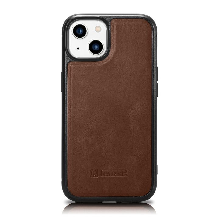 iCarer Leather Oil Wax natūralios odos dėklas iPhone 14 Plus (suderinamas su MagSafe ), rudas (WMI14220719-BN)