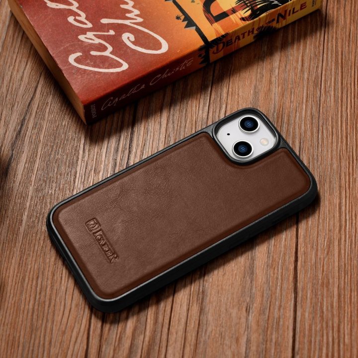iCarer Leather Oil Wax natūralios odos dėklas iPhone 14 Plus (suderinamas su MagSafe ), rudas (WMI14220719-BN)