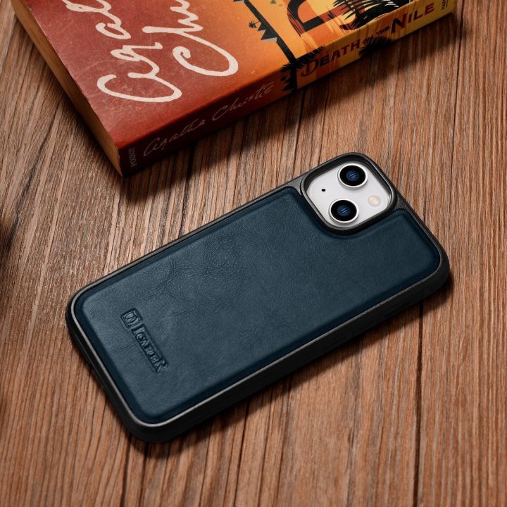 iCarer Leather Oil Wax dėklas iš natūralios odos iPhone 14 Plus, mėlynas (WMI14220719-BU)