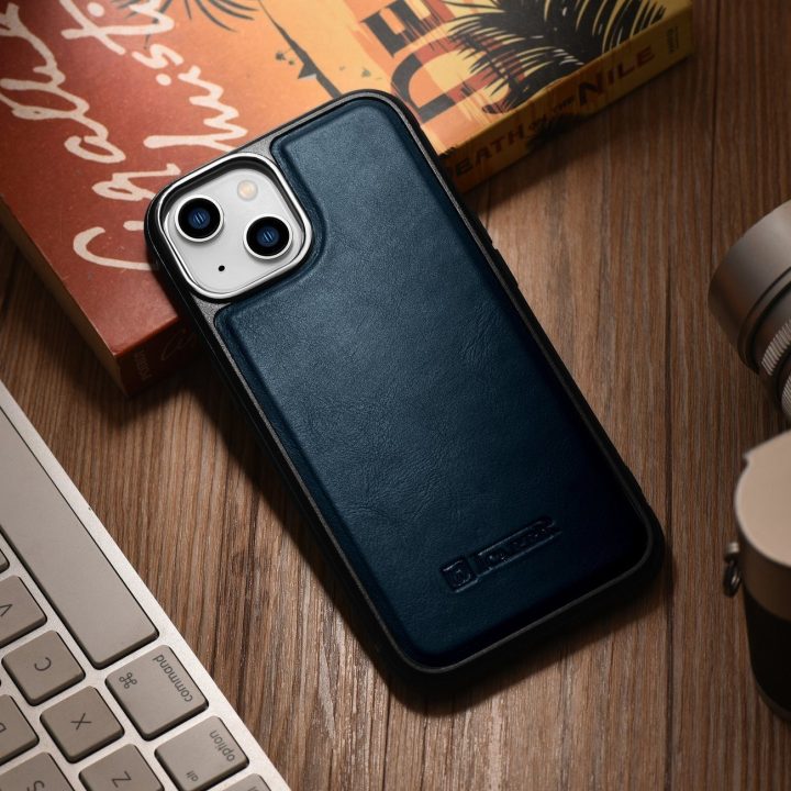 iCarer Leather Oil Wax dėklas iš natūralios odos iPhone 14 Plus, mėlynas (WMI14220719-BU)