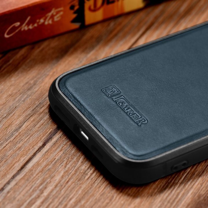 iCarer Leather Oil Wax dėklas iš natūralios odos iPhone 14 Plus, mėlynas (WMI14220719-BU)