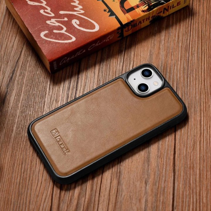 iCarer Leather Oil Wax dėklas iš natūralios odos, skirtas iPhone 14 Plus, rudas (WMI14220719-TN)