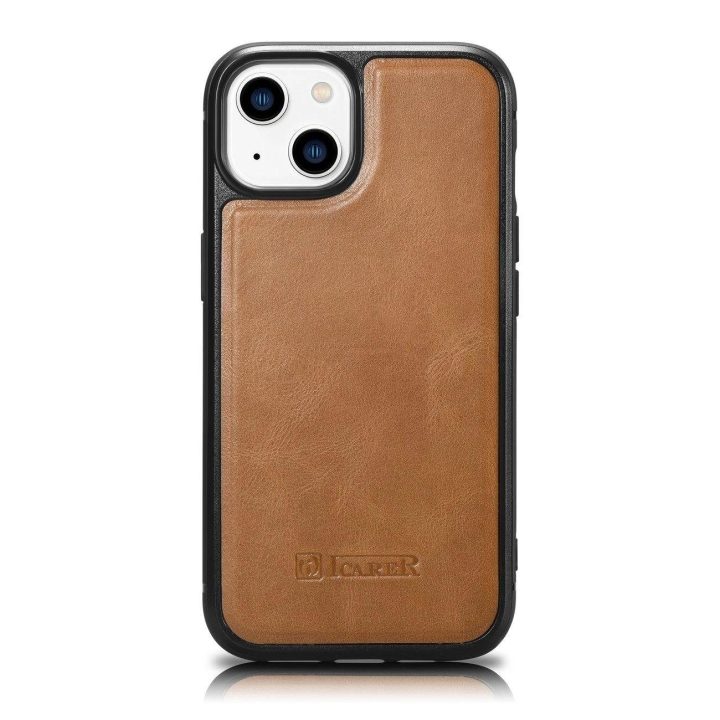 iCarer Leather Oil Wax dėklas iš natūralios odos, skirtas iPhone 14 Plus, rudas (WMI14220719-TN)