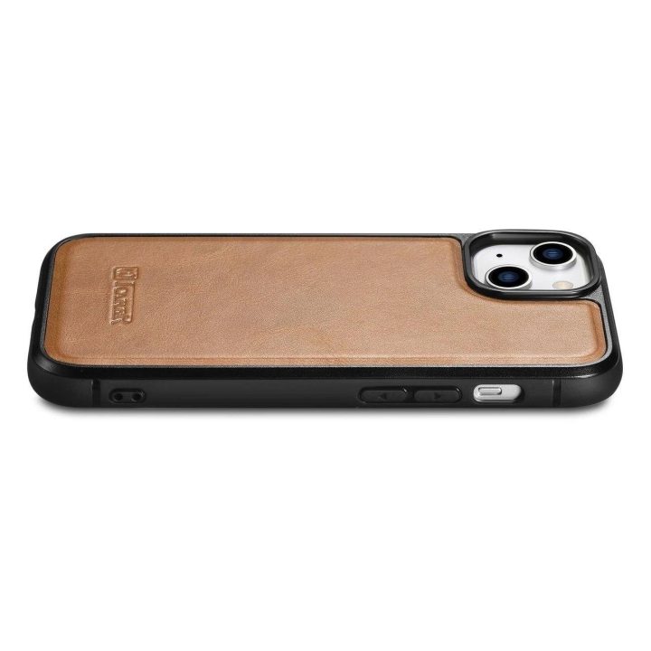 iCarer Leather Oil Wax dėklas iš natūralios odos, skirtas iPhone 14 Plus, rudas (WMI14220719-TN)