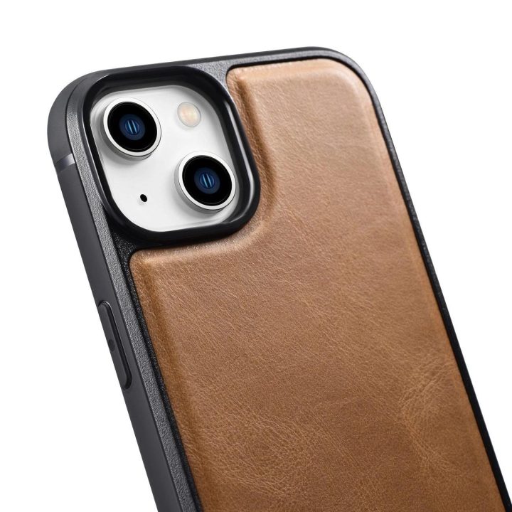 iCarer Leather Oil Wax dėklas iš natūralios odos, skirtas iPhone 14 Plus, rudas (WMI14220719-TN)