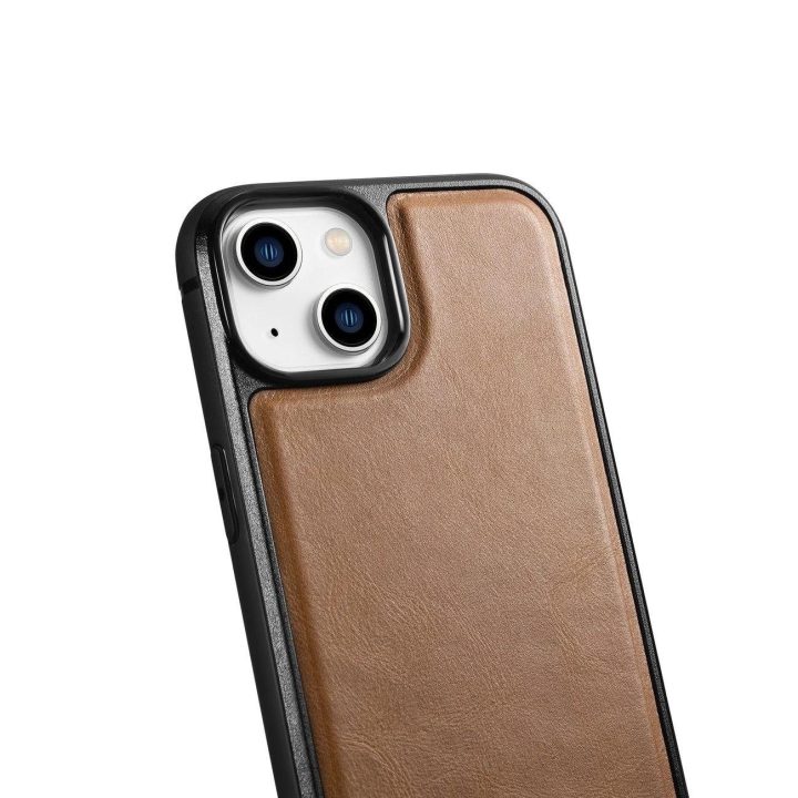 iCarer Leather Oil Wax dėklas iš natūralios odos, skirtas iPhone 14 Plus, rudas (WMI14220719-TN)