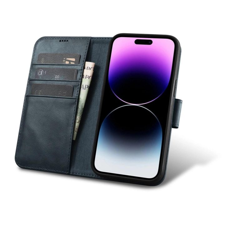 iCarer Oil Wax piniginės dėklas 2in1 iPhone 14 Pro su apsauga nuo RFID, odinis flip dėklas mėlynas (WMI14220722-BU)