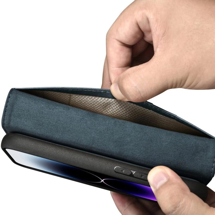 iCarer Oil Wax piniginės dėklas 2in1 iPhone 14 Pro su apsauga nuo RFID, odinis flip dėklas mėlynas (WMI14220722-BU)