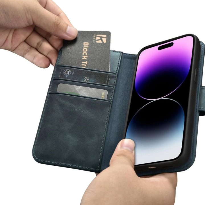 iCarer Oil Wax piniginės dėklas 2in1 iPhone 14 Pro su apsauga nuo RFID, odinis flip dėklas mėlynas (WMI14220722-BU)