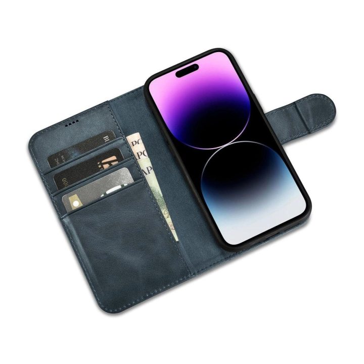 iCarer Oil Wax piniginės dėklas 2in1 iPhone 14 Pro su apsauga nuo RFID, odinis flip dėklas mėlynas (WMI14220722-BU)
