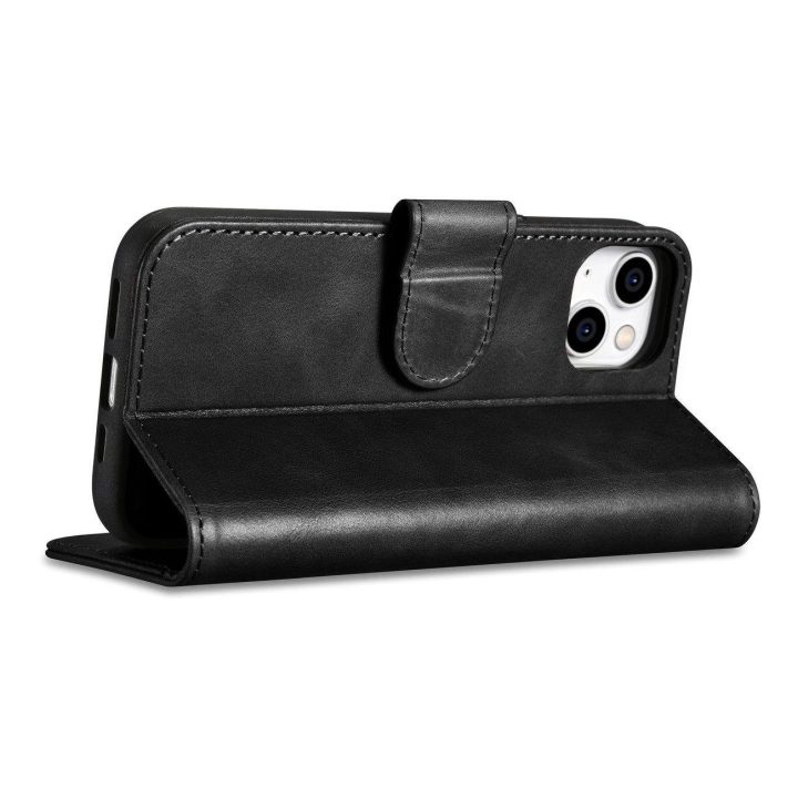 iCarer Oil Wax piniginės dėklas iPhone 14 Plus 2in1 dangtelis iPhone 14 Plus , apsaugotas nuo RFID, odinis flip dėklas, juodas (
