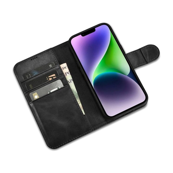 iCarer Oil Wax piniginės dėklas iPhone 14 Plus 2in1 dangtelis iPhone 14 Plus , apsaugotas nuo RFID, odinis flip dėklas, juodas (