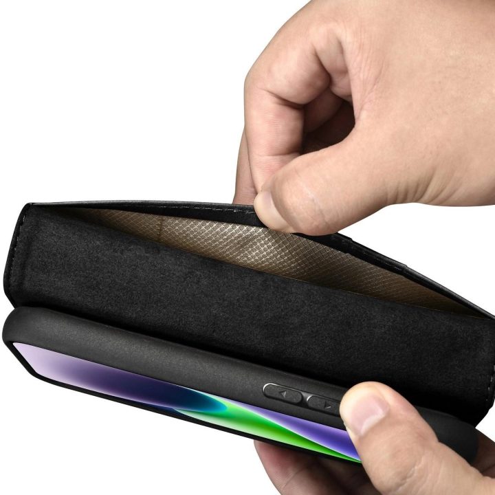 iCarer Oil Wax piniginės dėklas iPhone 14 Plus 2in1 dangtelis iPhone 14 Plus , apsaugotas nuo RFID, odinis flip dėklas, juodas (