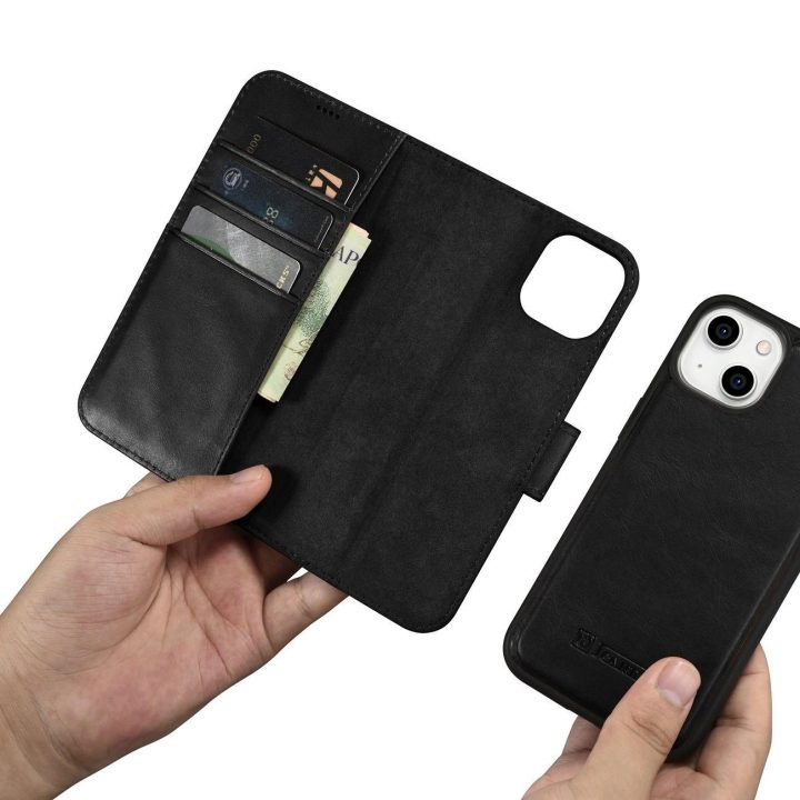 iCarer Oil Wax piniginės dėklas iPhone 14 Plus 2in1 dangtelis iPhone 14 Plus , apsaugotas nuo RFID, odinis flip dėklas, juodas (