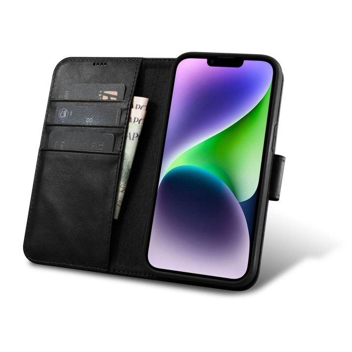 iCarer Oil Wax piniginės dėklas iPhone 14 Plus 2in1 dangtelis iPhone 14 Plus , apsaugotas nuo RFID, odinis flip dėklas, juodas (