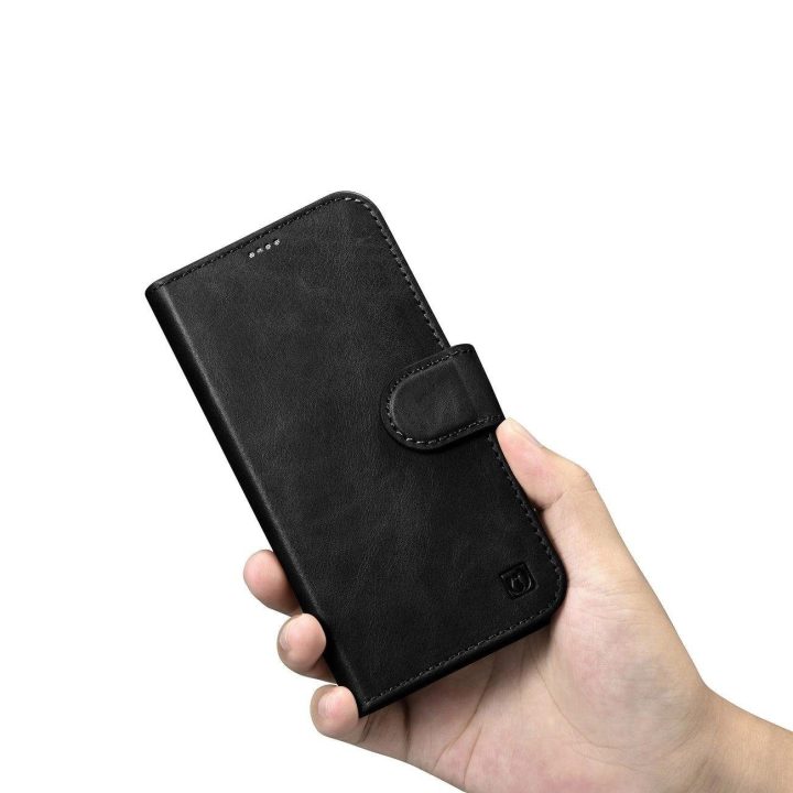 iCarer Oil Wax piniginės dėklas iPhone 14 Plus 2in1 dangtelis iPhone 14 Plus , apsaugotas nuo RFID, odinis flip dėklas, juodas (