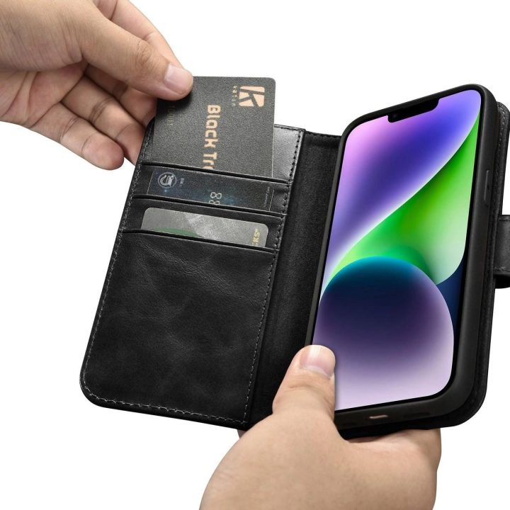 iCarer Oil Wax piniginės dėklas iPhone 14 Plus 2in1 dangtelis iPhone 14 Plus , apsaugotas nuo RFID, odinis flip dėklas, juodas (