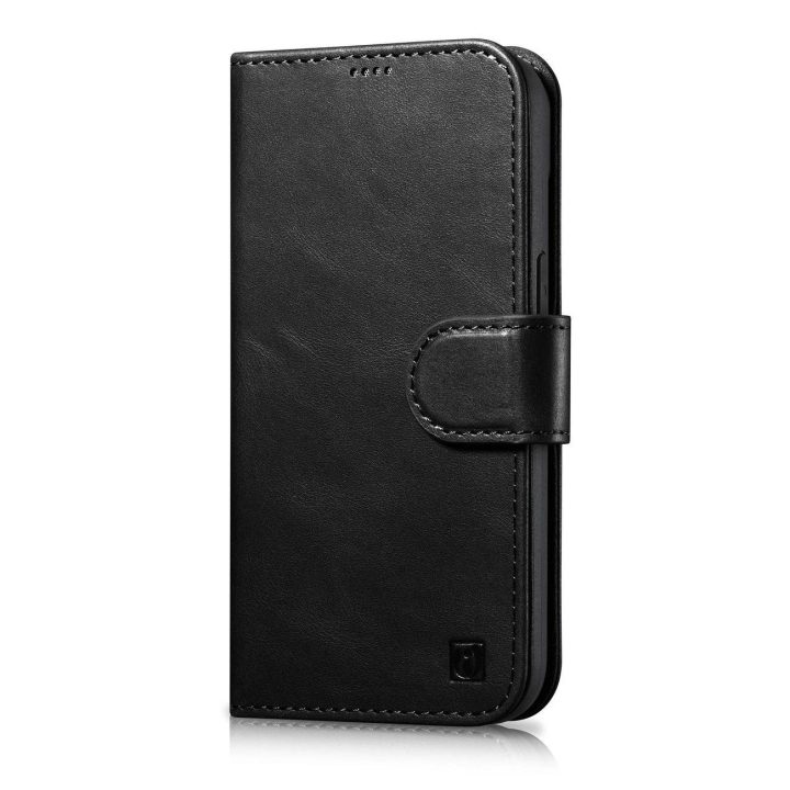iCarer Oil Wax piniginės dėklas iPhone 14 Plus 2in1 dangtelis iPhone 14 Plus , apsaugotas nuo RFID, odinis flip dėklas, juodas (