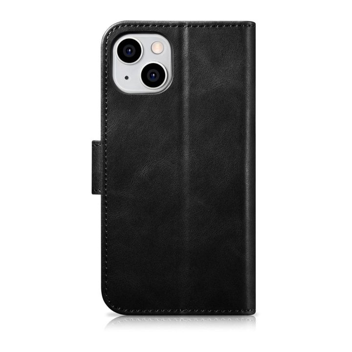 iCarer Oil Wax piniginės dėklas iPhone 14 Plus 2in1 dangtelis iPhone 14 Plus , apsaugotas nuo RFID, odinis flip dėklas, juodas (