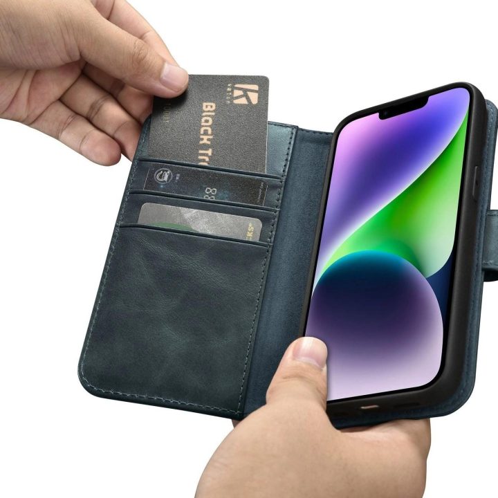 iCarer Oil Wax piniginės dėklas iPhone 14 Plus 2in1 dangtelis iPhone 14 Plus , apsaugotas nuo RFID, odinis flip dėklas, mėlynas