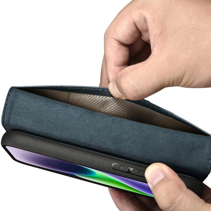iCarer Oil Wax piniginės dėklas iPhone 14 Plus 2in1 dangtelis iPhone 14 Plus , apsaugotas nuo RFID, odinis flip dėklas, mėlynas