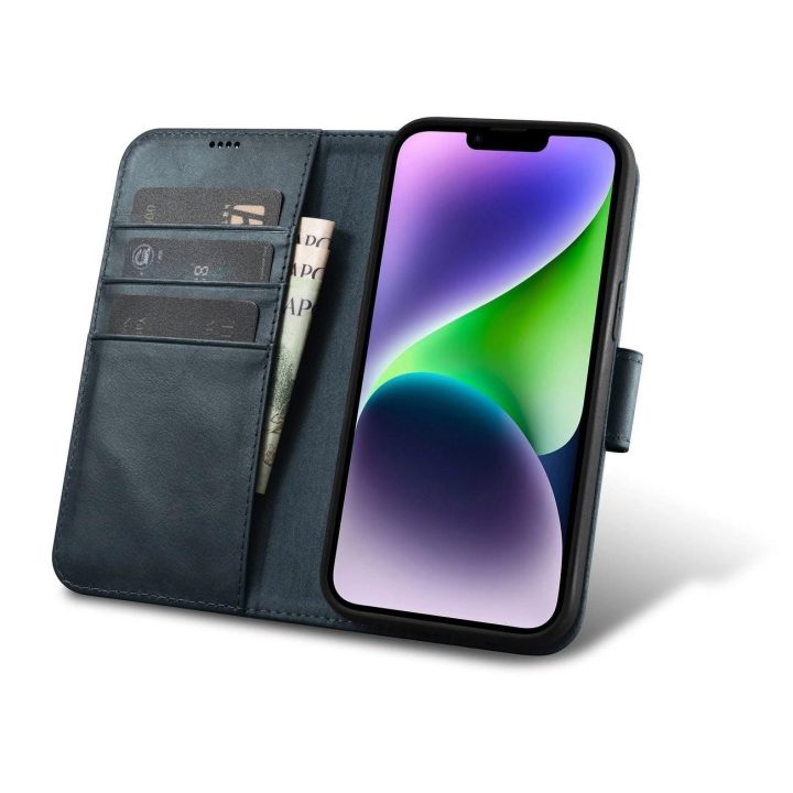 iCarer Oil Wax piniginės dėklas iPhone 14 Plus 2in1 dangtelis iPhone 14 Plus , apsaugotas nuo RFID, odinis flip dėklas, mėlynas