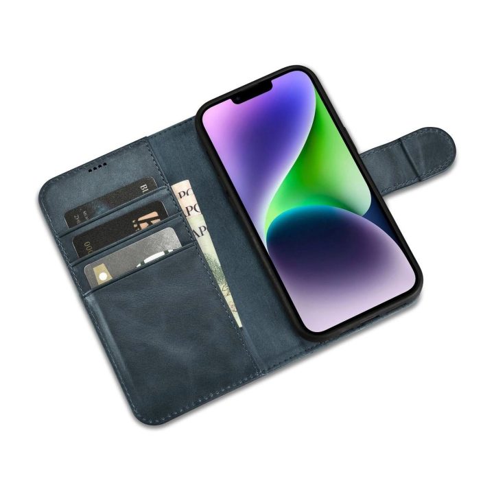 iCarer Oil Wax piniginės dėklas iPhone 14 Plus 2in1 dangtelis iPhone 14 Plus , apsaugotas nuo RFID, odinis flip dėklas, mėlynas