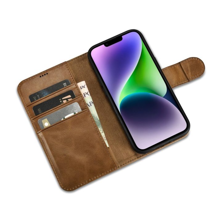 iCarer Oil Wax piniginės dėklas iPhone 14 Plus 2in1 dangtelis iPhone 14 Plus , apsaugotas nuo RFID, odinis flip dėklas rudos spa