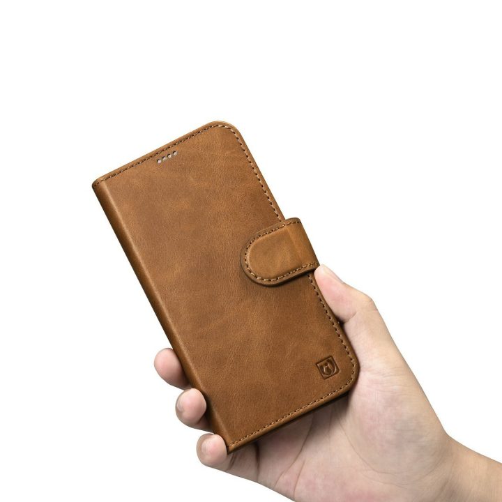 iCarer Oil Wax piniginės dėklas iPhone 14 Plus 2in1 dangtelis iPhone 14 Plus , apsaugotas nuo RFID, odinis flip dėklas rudos spa
