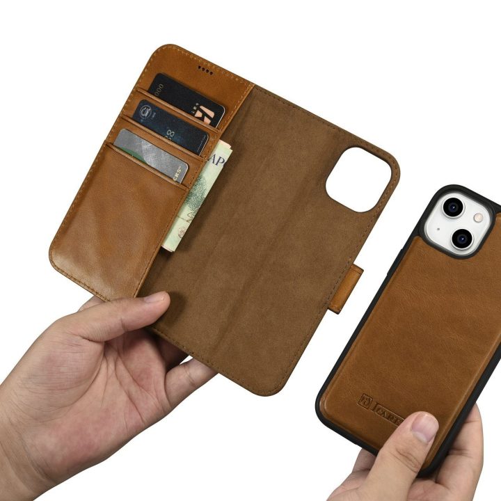 iCarer Oil Wax piniginės dėklas iPhone 14 Plus 2in1 dangtelis iPhone 14 Plus , apsaugotas nuo RFID, odinis flip dėklas rudos spa