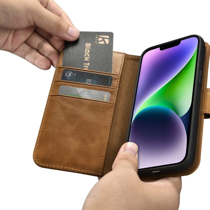iCarer Oil Wax piniginės dėklas iPhone 14 Plus 2in1 dangtelis iPhone 14 Plus , apsaugotas nuo RFID, odinis flip dėklas rudos spa