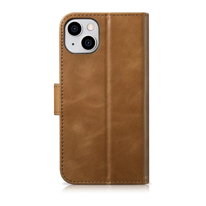 iCarer Oil Wax piniginės dėklas iPhone 14 Plus 2in1 dangtelis iPhone 14 Plus , apsaugotas nuo RFID, odinis flip dėklas rudos spa
