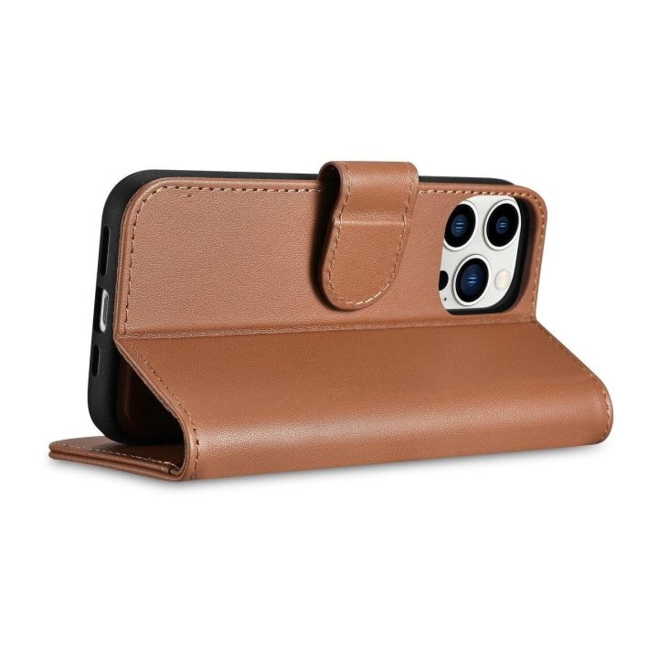 iCarer piniginės dėklas 2in1 iPhone 14 Pro odinis flip dėklas su apsauga nuo RFID, rudos spalvos (WMI14220726-BN)