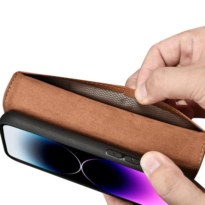 iCarer piniginės dėklas 2in1 iPhone 14 Pro odinis flip dėklas su apsauga nuo RFID, rudos spalvos (WMI14220726-BN)