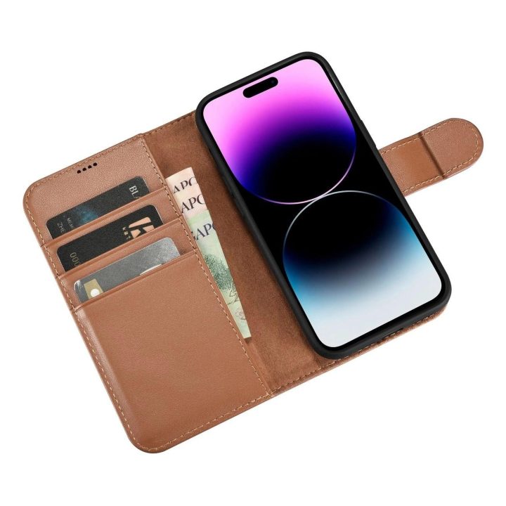 iCarer piniginės dėklas 2in1 iPhone 14 Pro odinis flip dėklas su apsauga nuo RFID, rudos spalvos (WMI14220726-BN)