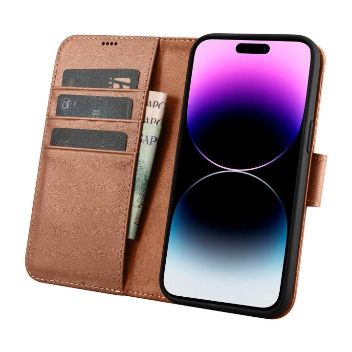iCarer piniginės dėklas 2in1 iPhone 14 Pro odinis flip dėklas su apsauga nuo RFID, rudos spalvos (WMI14220726-BN)