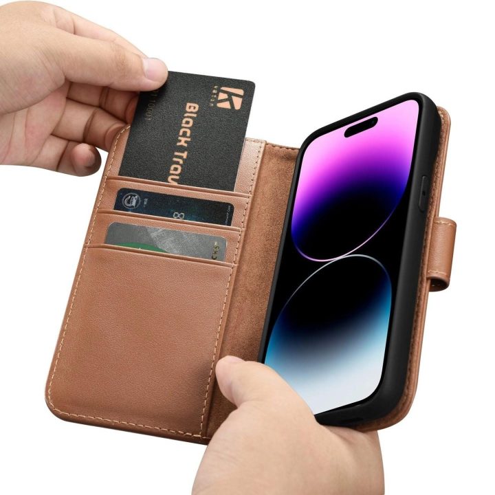 iCarer piniginės dėklas 2in1 iPhone 14 Pro odinis flip dėklas su apsauga nuo RFID, rudos spalvos (WMI14220726-BN)