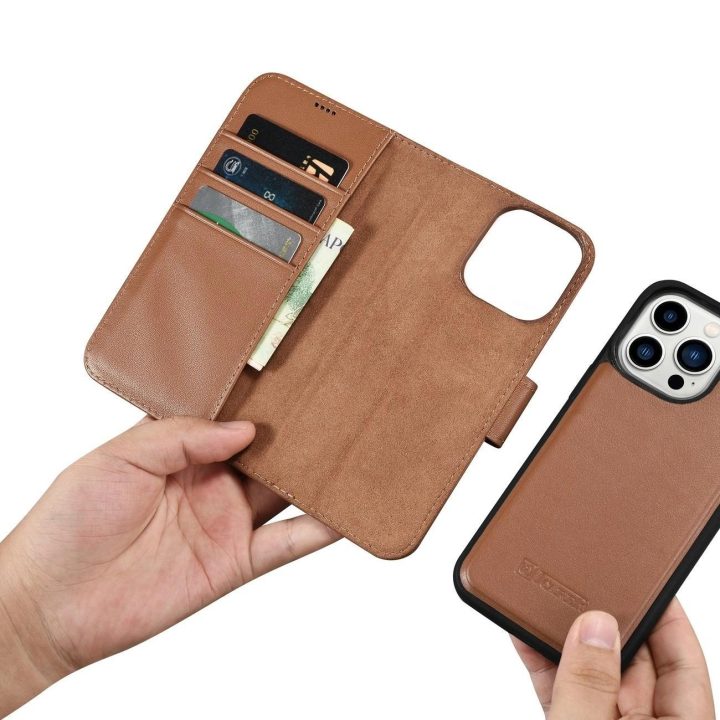 iCarer piniginės dėklas 2in1 iPhone 14 Pro odinis flip dėklas su apsauga nuo RFID, rudos spalvos (WMI14220726-BN)